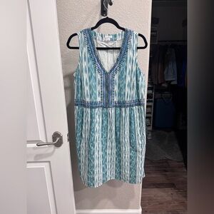 J. Jill Teal & White Ikat Print Dress: size Medium